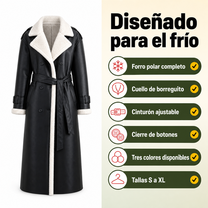 Detalle del cálido cuello borreguito y forro polar interior de un abrigo largo de mujer. Máxima comodidad.