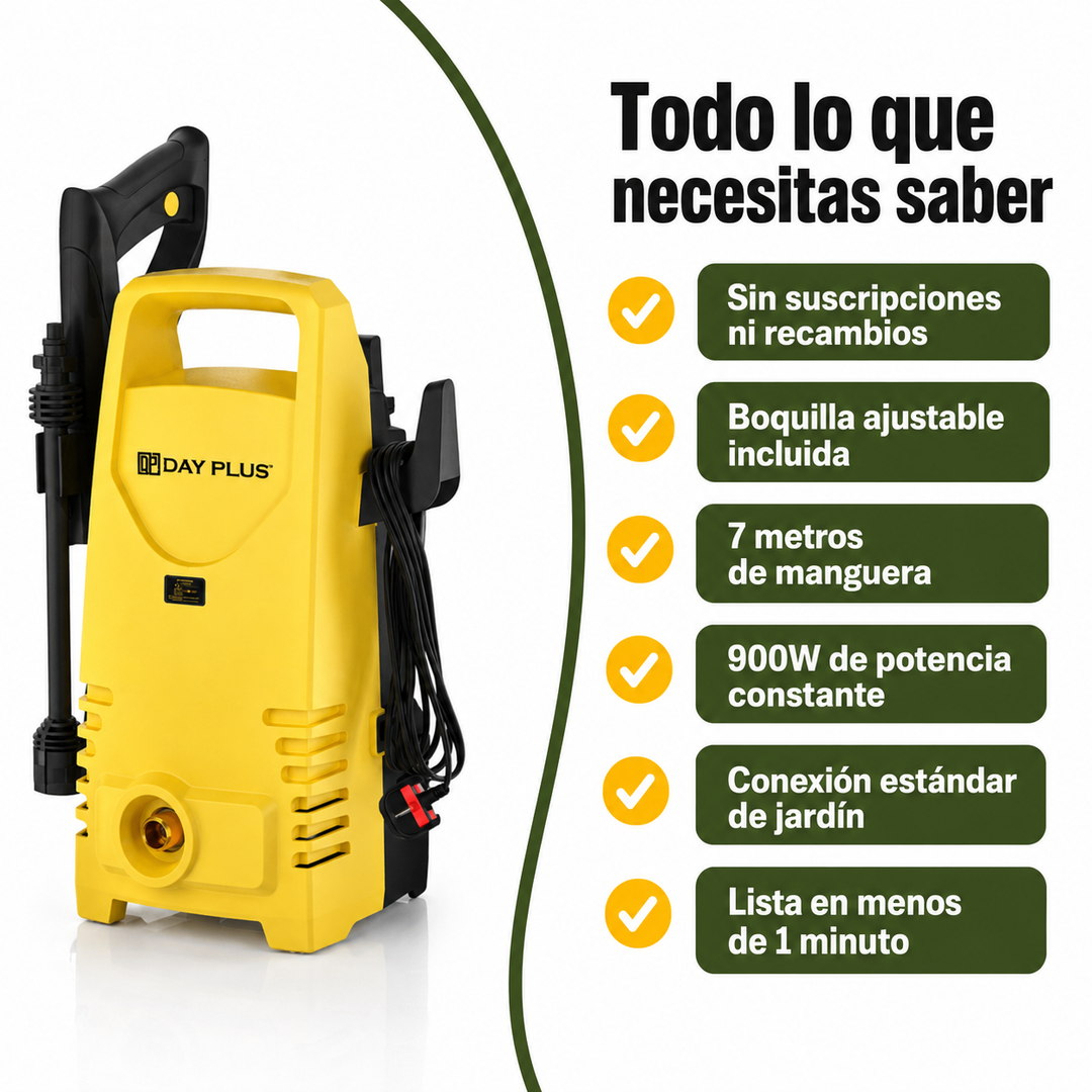 Hombre lavando coche con hidrolimpiadora eléctrica doméstica de 900W para limpieza profunda.