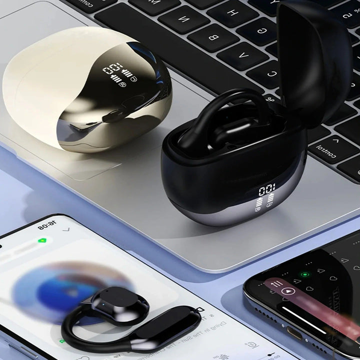 Tecnología avanzada en auriculares traductores Bluetooth con cancelación de ruido para conversaciones fluidas.