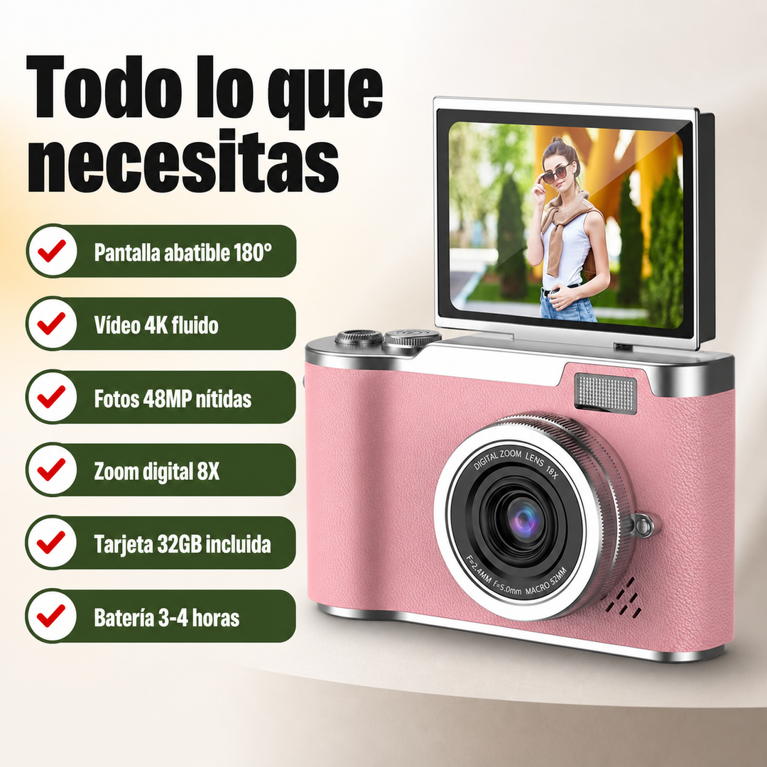 Cámara 4K 48MP con pantalla abatible 180° perfecta para vlogging, fotos y videos de alta calidad.