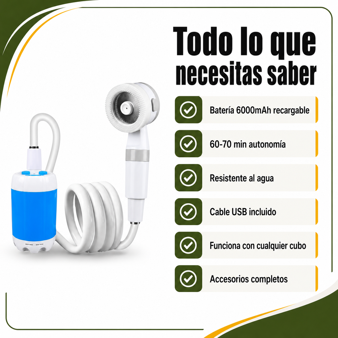 Ducha de camping recargable con bomba sumergible para higiene personal. Fácil de usar en aventuras al aire libre.