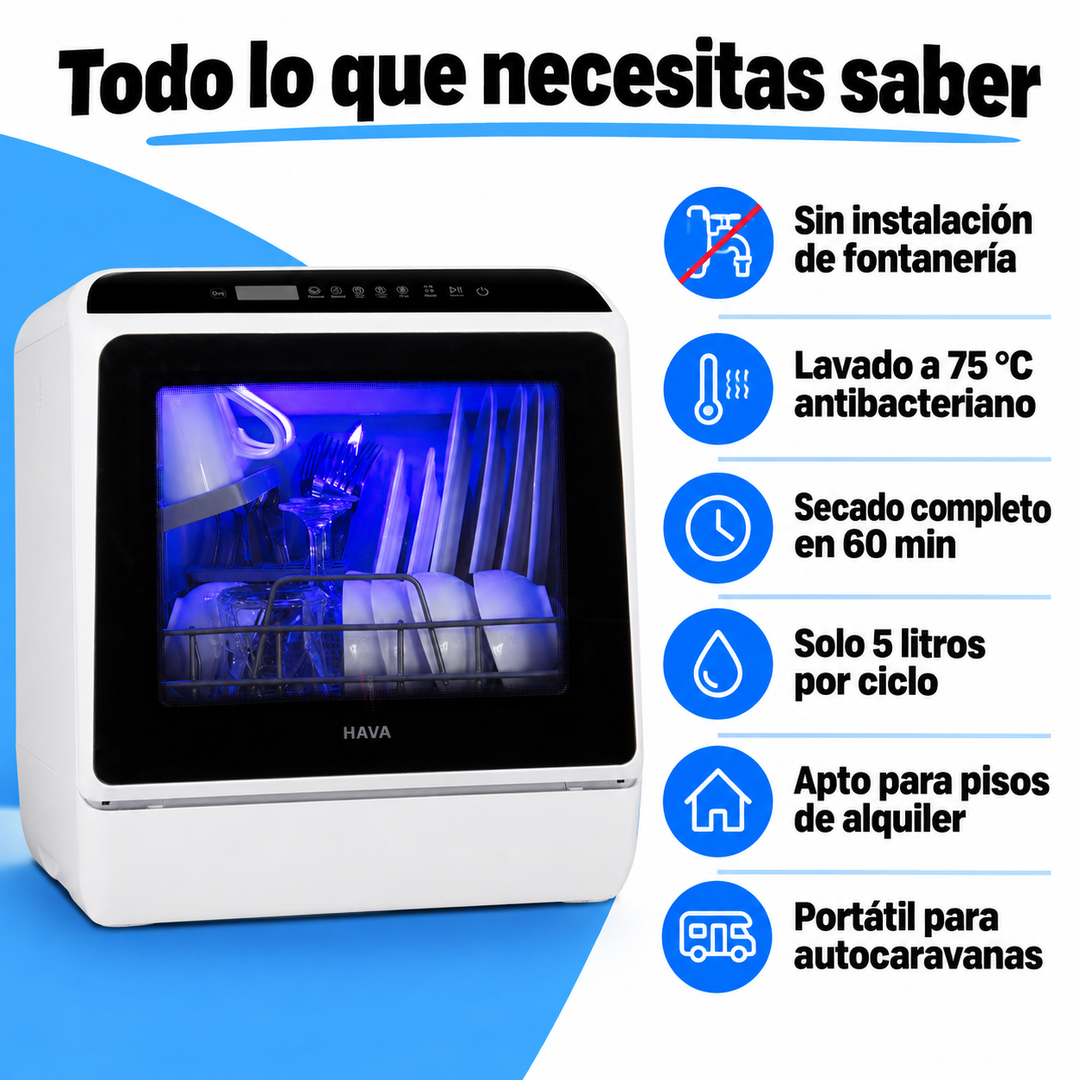Lavavajillas portátil R01 para sobremesa. Solución sin instalación para cocinas pequeñas y hogares modernos. Limpieza fácil.