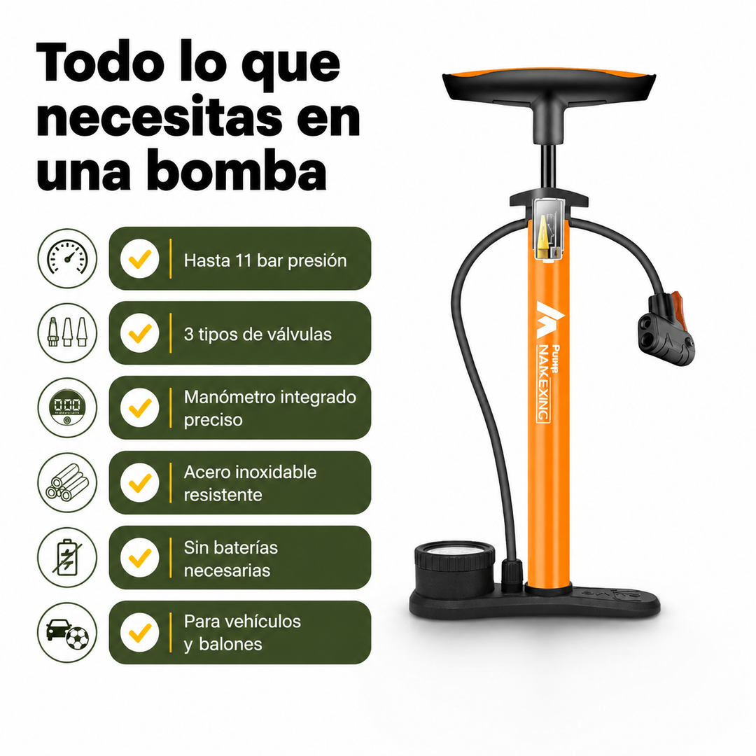 Bomba de aire manual compacta para emergencias en carretera. Herramienta portátil para coche, moto y bici.