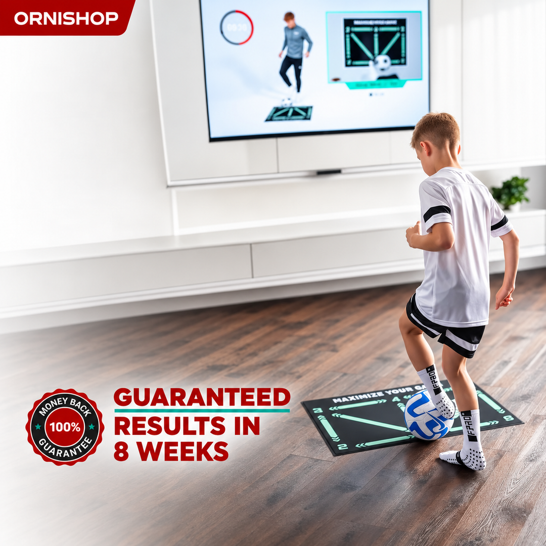 Jugador utilizando esterilla de fútbol Pro para ejercicios de agilidad y técnica de balón en casa con resistencia.