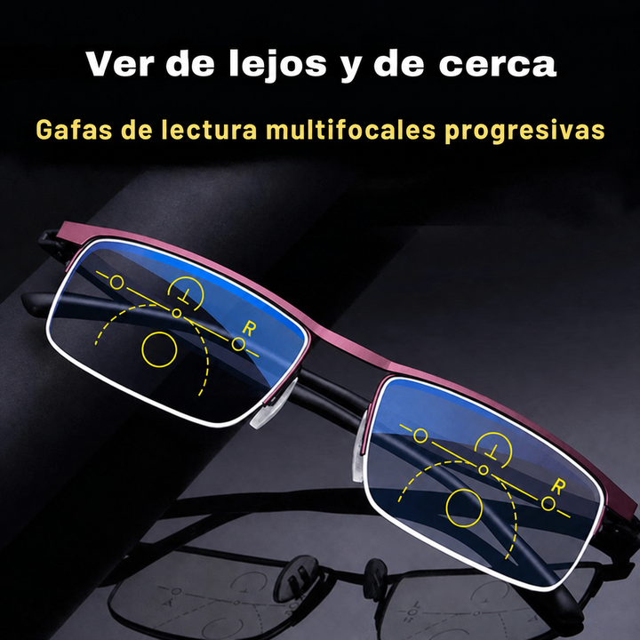 Persona usando gafas progresivas unisex para lectura y visión, cómodas y adaptables a la luz.