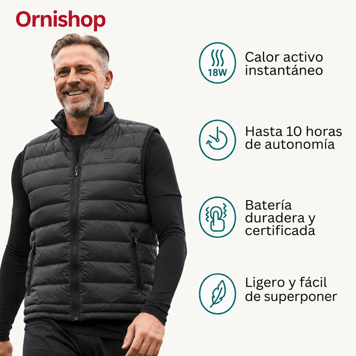 Hombre vistiendo chaleco calefactable para exterior en invierno. Disfruta de calor y comodidad contra el frío.
