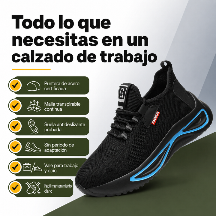 Zapatos de trabajo para hombre, diseño moderno con malla y puntera de acero, protección laboral y ligereza.