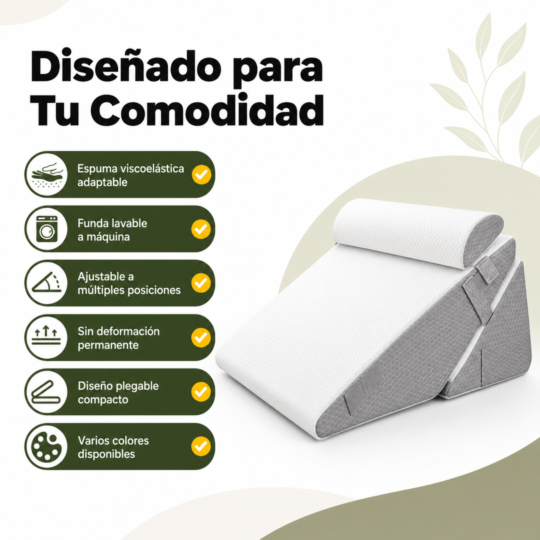Cuña de descanso ajustable de espuma viscoelástica. Alivia la espalda y piernas, ideal para confort en casa.