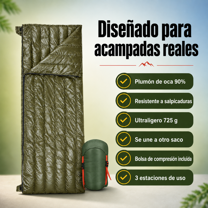 Saco de dormir verde de plumón de oca, ultraligero, perfecto para aventura y exterior en 3 estaciones.