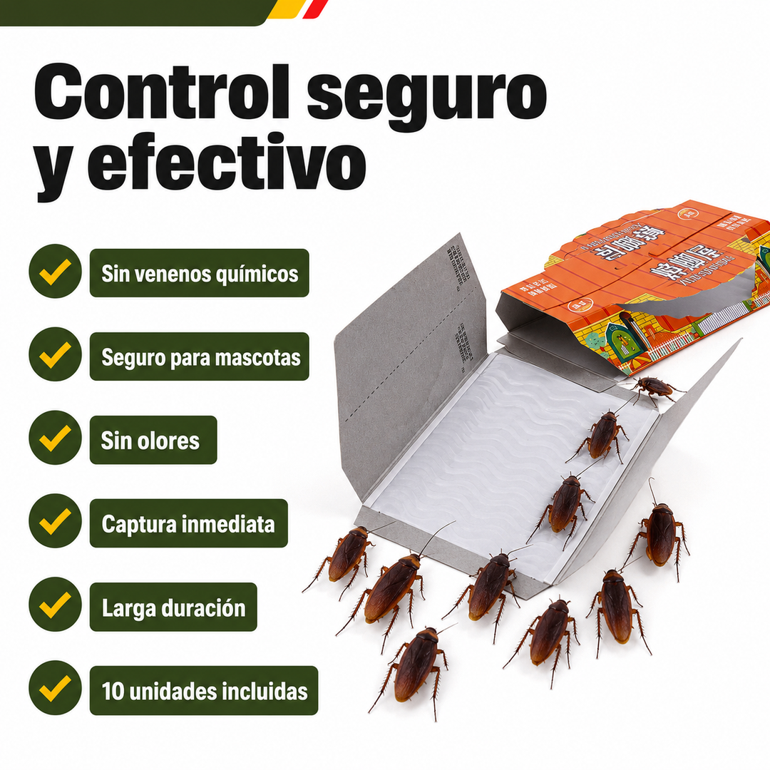 Trampas adhesivas altamente efectivas para capturar y eliminar cucarachas, con cebo potente. Desinsectación segura.
