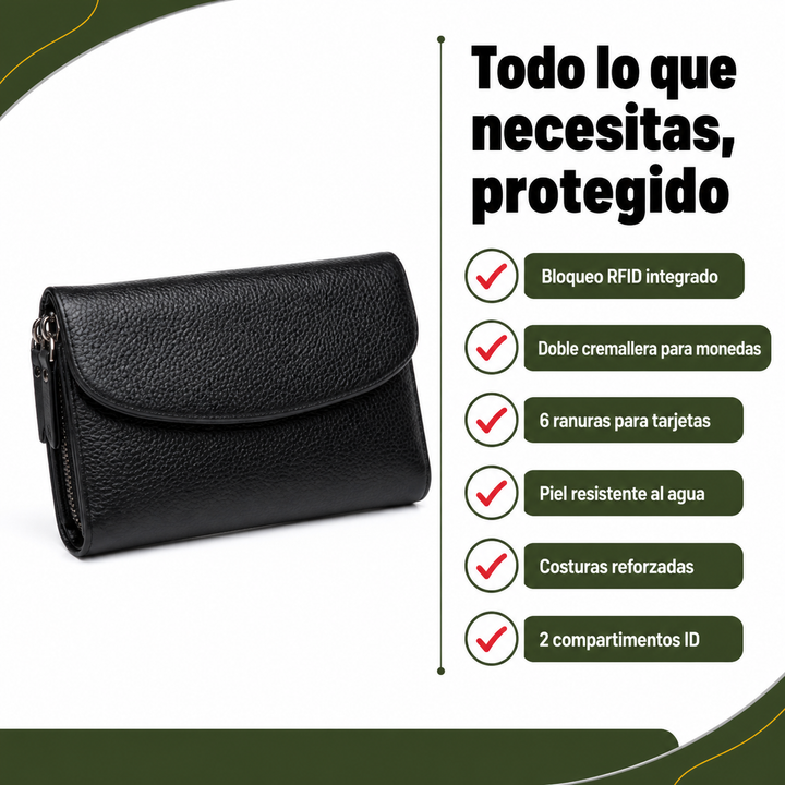 Organizador de piel unisex, diseño compacto y seguro con RFID. Perfecta para tarjetas y monedas.