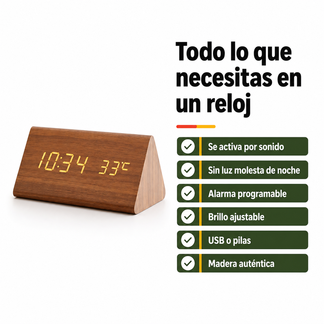 Reloj alarma LED moderno de madera, perfecto para decorar cualquier hogar. Control por voz.
