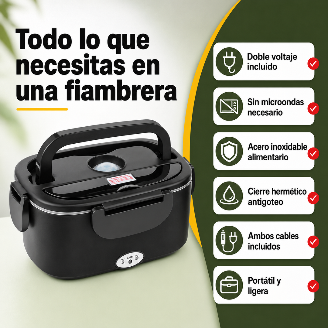 Fiambrera eléctrica de doble voltaje. Calienta tu comida en cualquier lugar. Diseño portátil, interior de acero inoxidable.