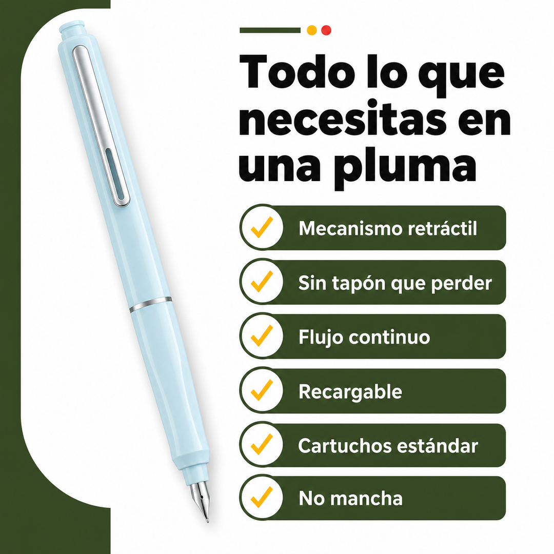 Detalle del mecanismo retráctil de la punta de la pluma estilográfica sin tapón. Conveniencia.