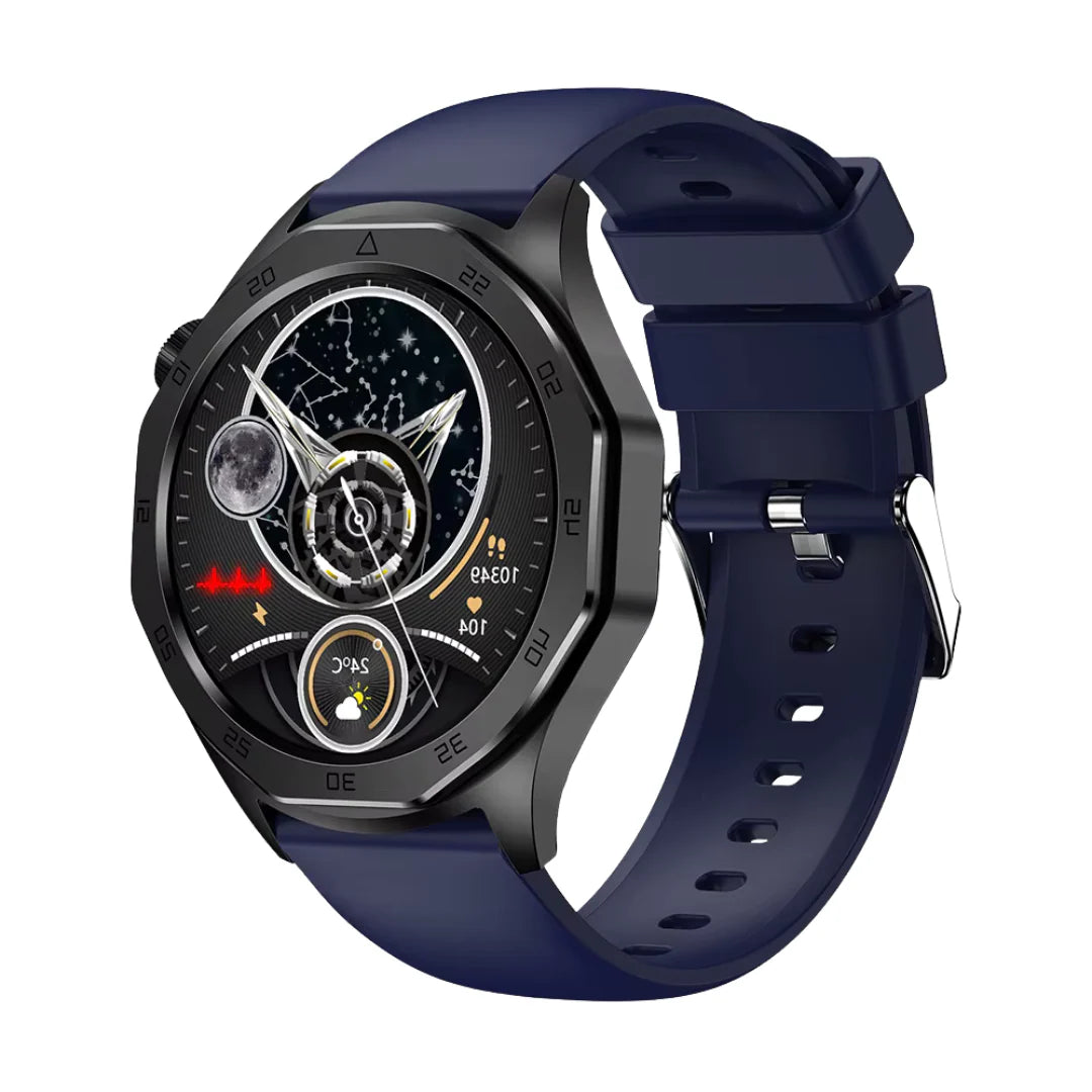 Pantalla de smartwatch mostrando ritmo cardíaco y notificación SOS. Monitorea tu salud y bienestar.