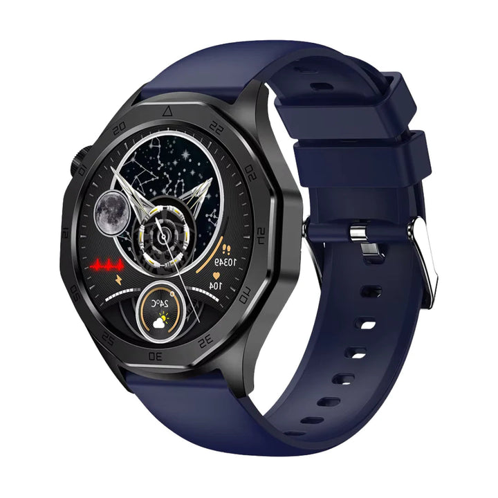 Pantalla de smartwatch mostrando ritmo cardíaco y notificación SOS. Monitorea tu salud y bienestar.