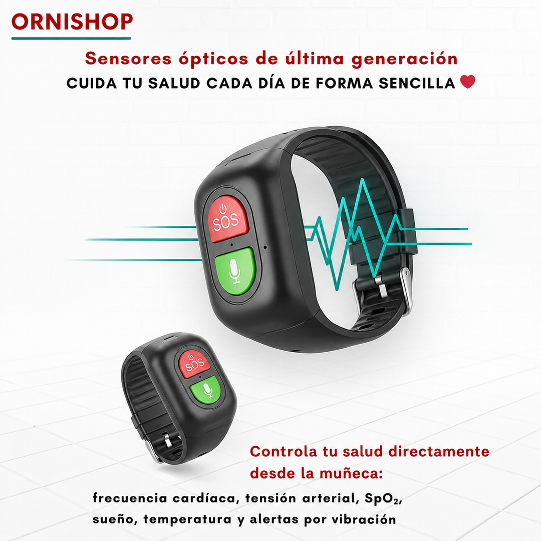 Botón SOS rojo de smartwatch para mayores. Activación rápida de emergencia con 4G y GPS.