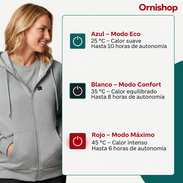 Sudadera calefactable de mujer, garantiza calor instantáneo y confort en invierno.