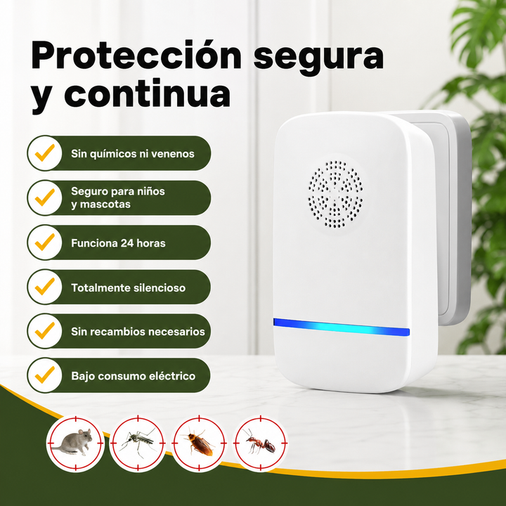 Repelente ultrasónico sin químicos para un hogar libre de plagas. Eficaz contra mosquitos, ratones y arañas, silencioso y seguro.