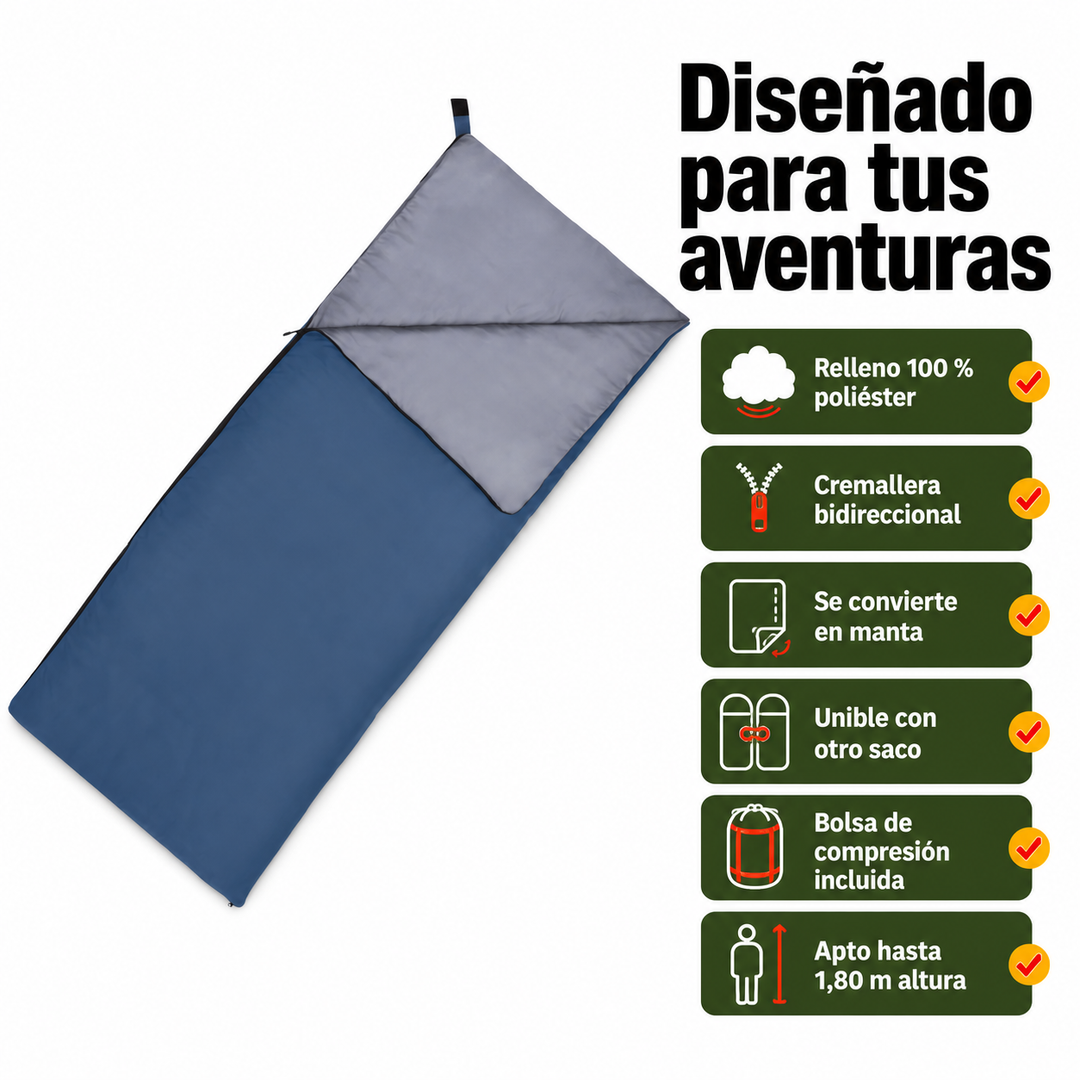 Saco de dormir portátil para aire libre. Perfecto para trekking y camping, 3 estaciones y diseño ligero.