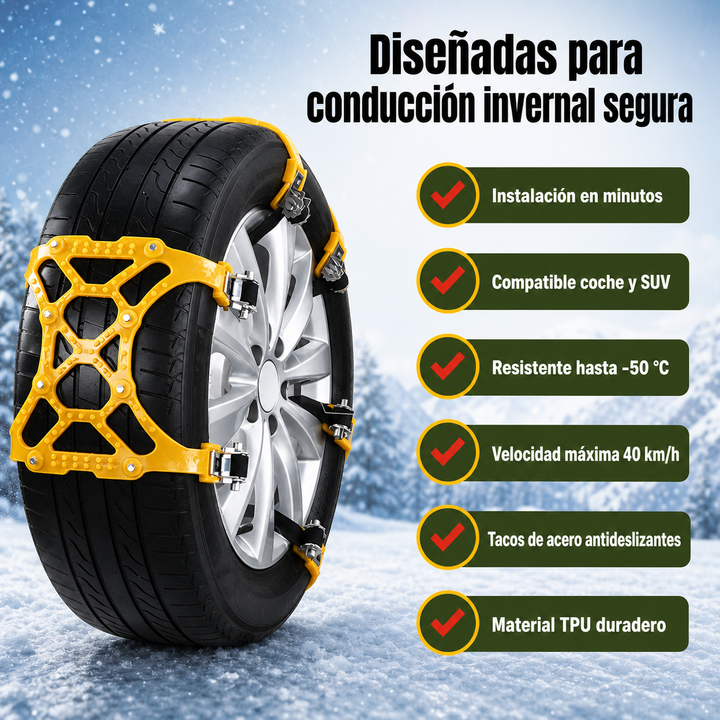 Cadenas de nieve antideslizantes para coche y SUV. Aseguran tracción en hielo y barro, seguridad invernal.