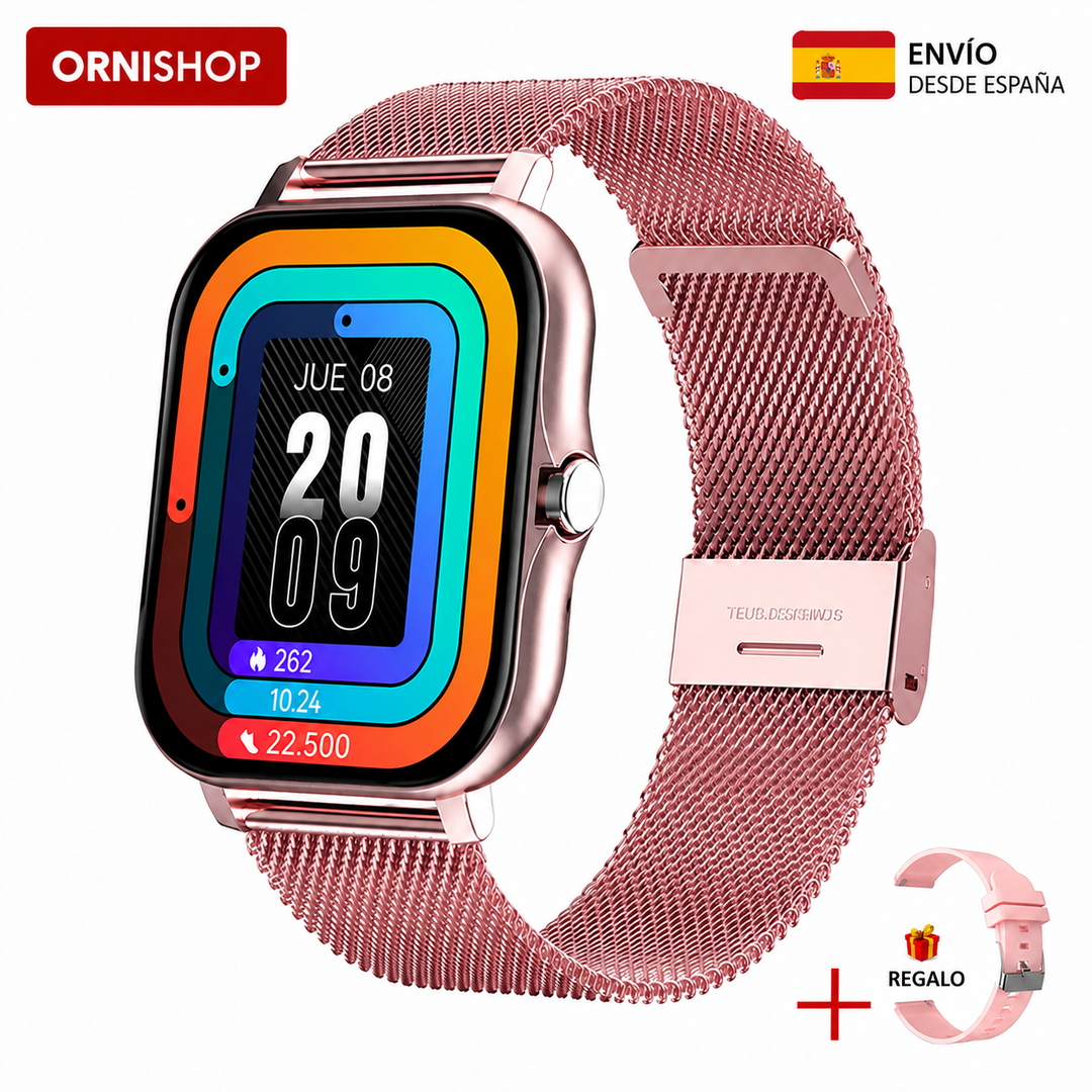Reloj inteligente negro para mujer, ideal para deporte, registra actividad física y calorías quemadas.