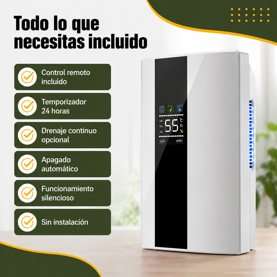 Deshumidificador compacto 90W para hogar, con drenaje continuo y fácil control remoto. Elimina exceso de humedad.