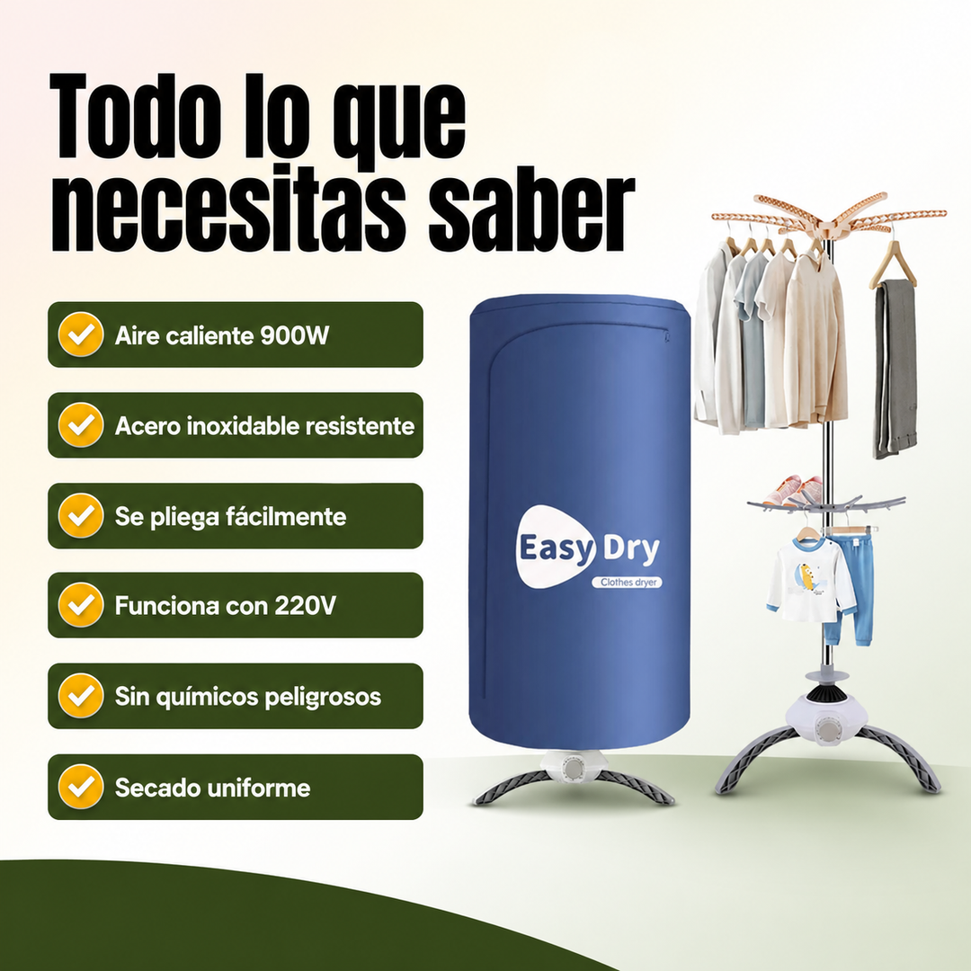 Secador de ropa eléctrico 900W con aire caliente. Tendedero plegable para un secado rápido y eficiente de la colada.