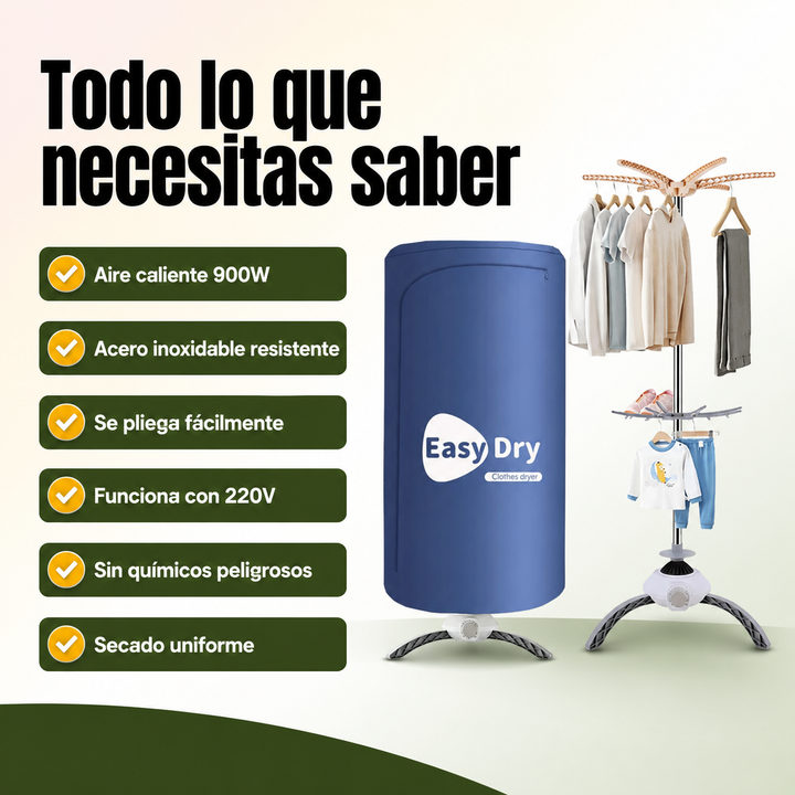 Secador de ropa eléctrico 900W con aire caliente. Tendedero plegable para un secado rápido y eficiente de la colada.