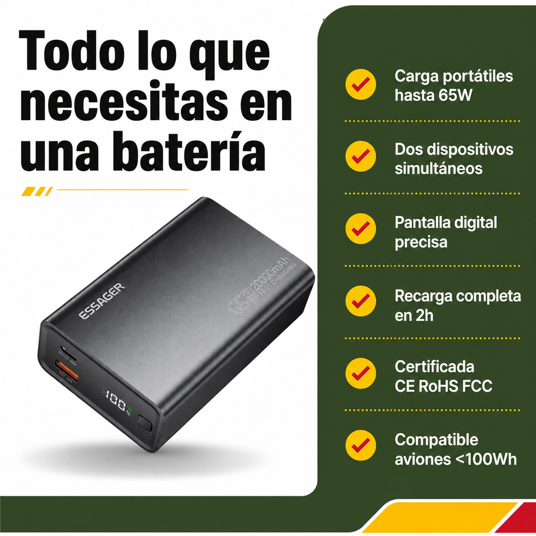 Cargador portátil USB-C PD 65W. Batería externa de 20000mAh para carga rápida de portátiles y smartphones.