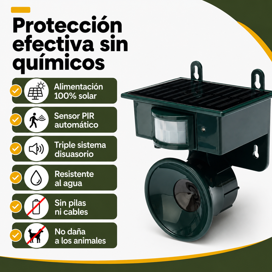 Ahuyentador de plagas por ultrasonidos y sensor PIR para jardín. Protección segura y ecológica de animales en exterior.