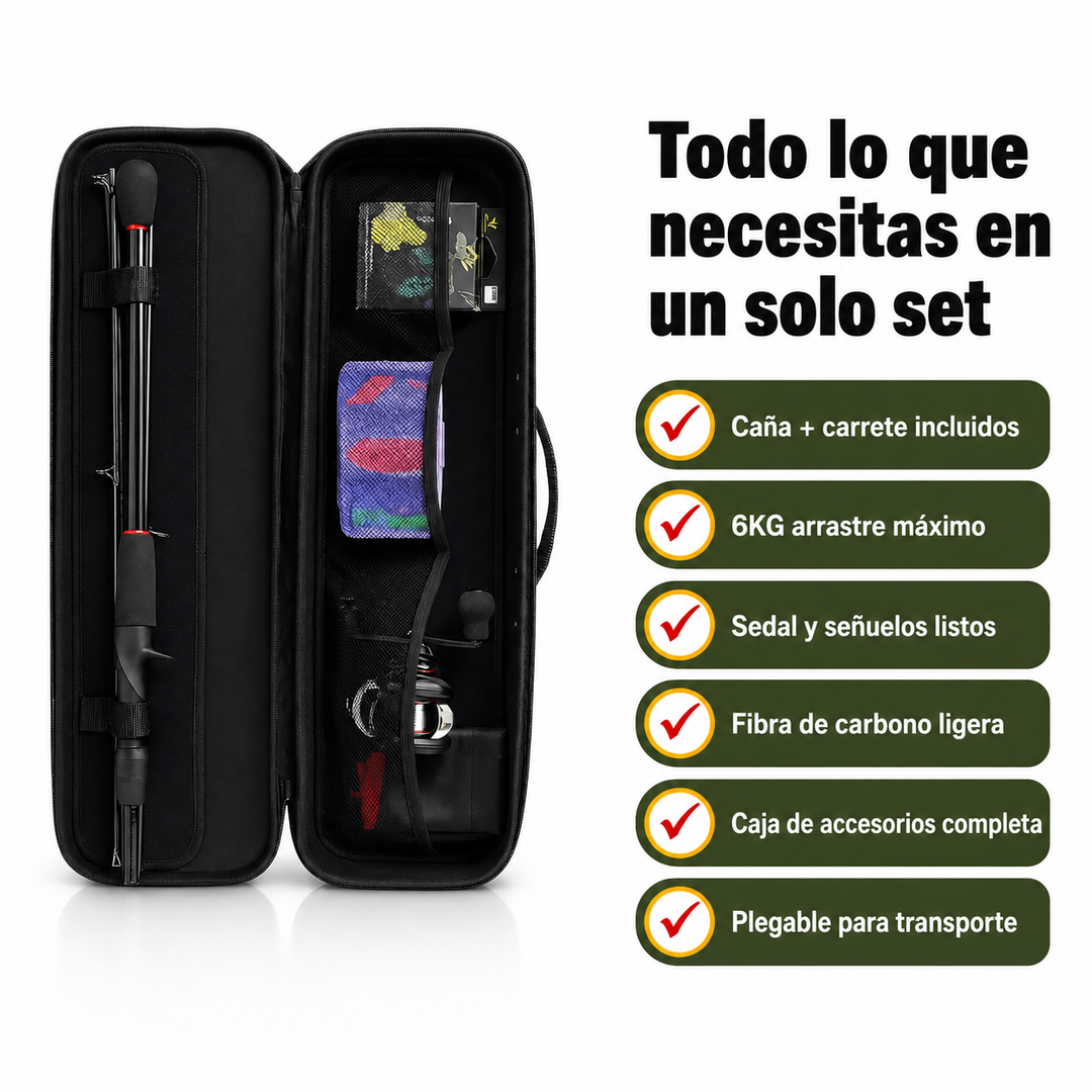 Caña telescópica de 2,4m y carrete baitcasting de 6KG. Equipo de pesca robusto para carpas y depredadores.