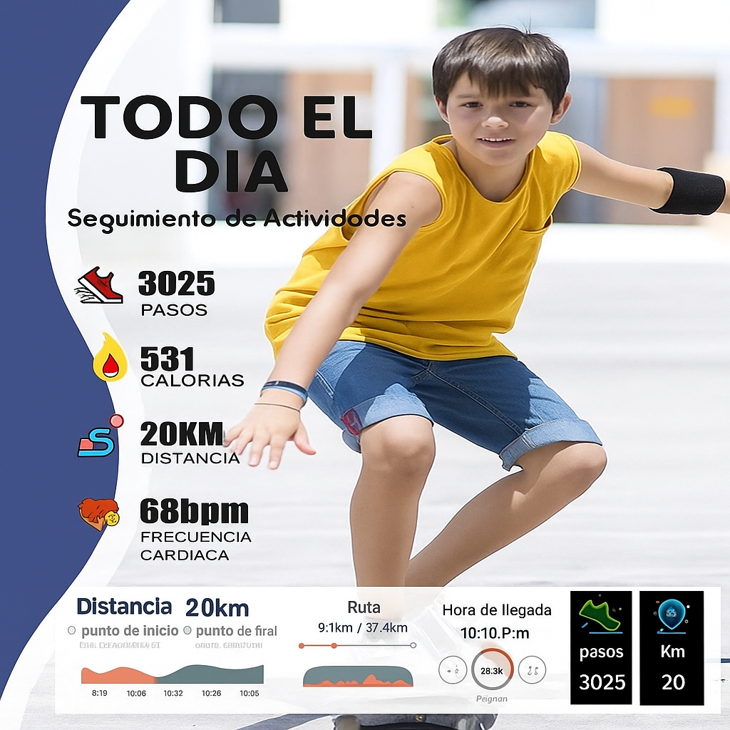 Smartwatch infantil deportivo, mide pasos, calorías y monitorea frecuencia cardíaca.