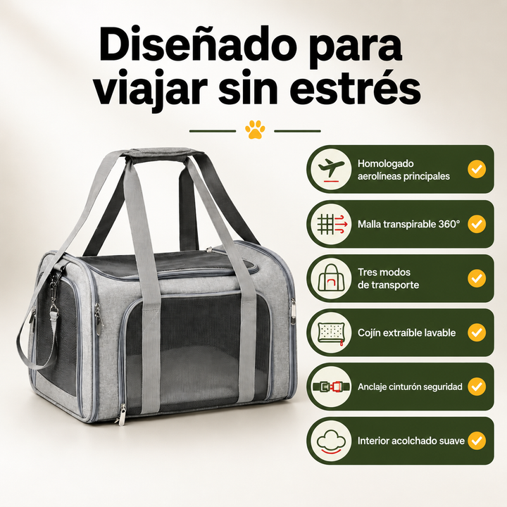 Portador seguro y cómodo para mascotas. Transportín de viaje para perros y gatos, con ventilación óptima para confort.
