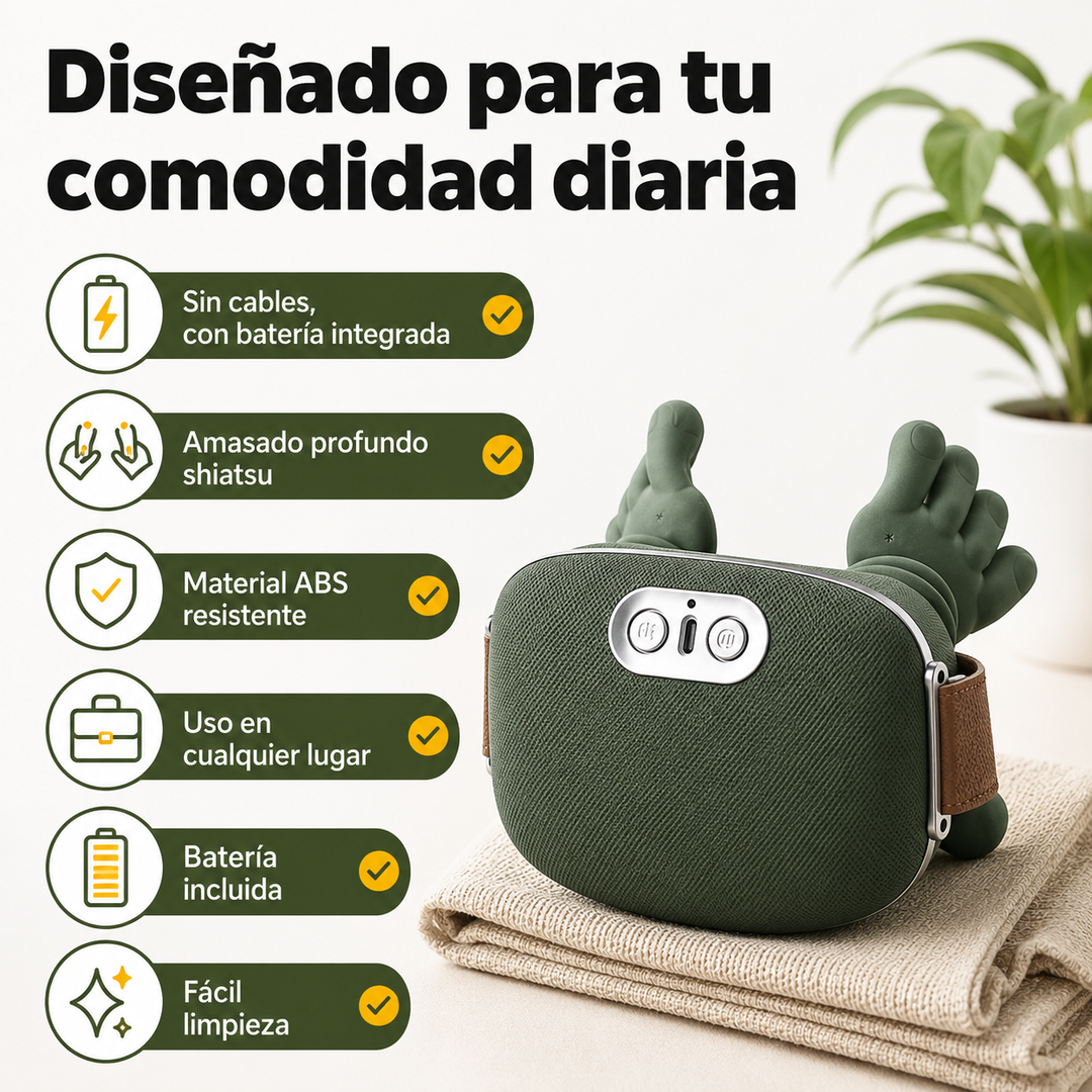 Relajación profunda con masajeador cervical Shiatsu inalámbrico. Ideal para estrés en cuello y hombros.