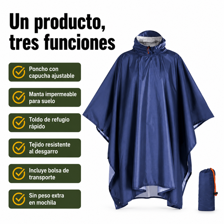 Poncho impermeable ligero y portátil para lluvia y viento. Indispensable en trekking y actividades al aire libre.