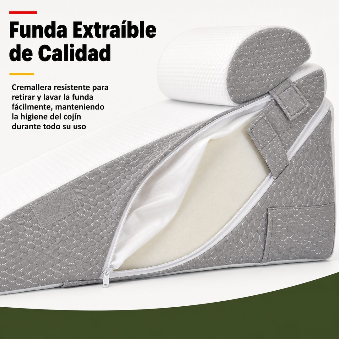 Cojín de cuña ergonómico, ajustable para soporte lumbar y piernas. Mejora el descanso y alivia la tensión.