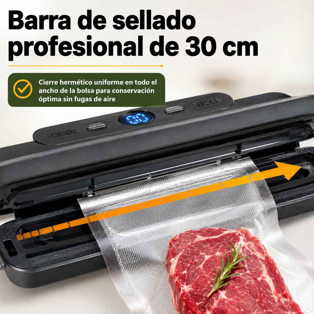 Alimentos frescos (carnes, verduras) envasados al vacío, mostrando conservación extendida con la máquina selladora.