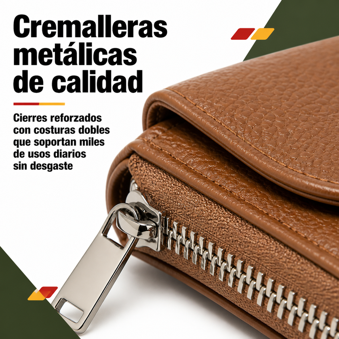 Cartera de moda en piel, compacta y versátil, con monedero doble. Ideal para el uso diario y regalos.