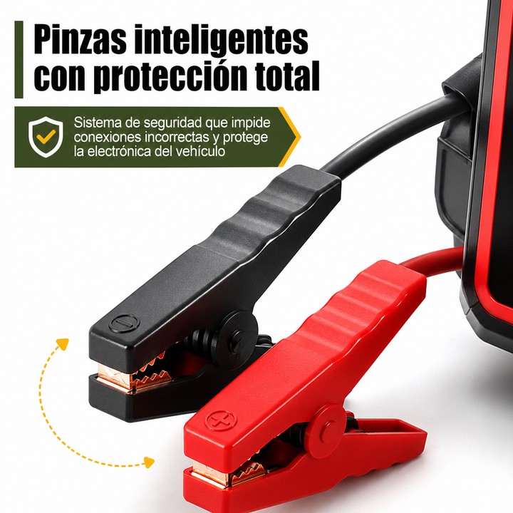 Arrancador de batería para coche 12V, dispositivo de emergencia portátil. Arranca vehículos gasolina y diésel con seguridad.