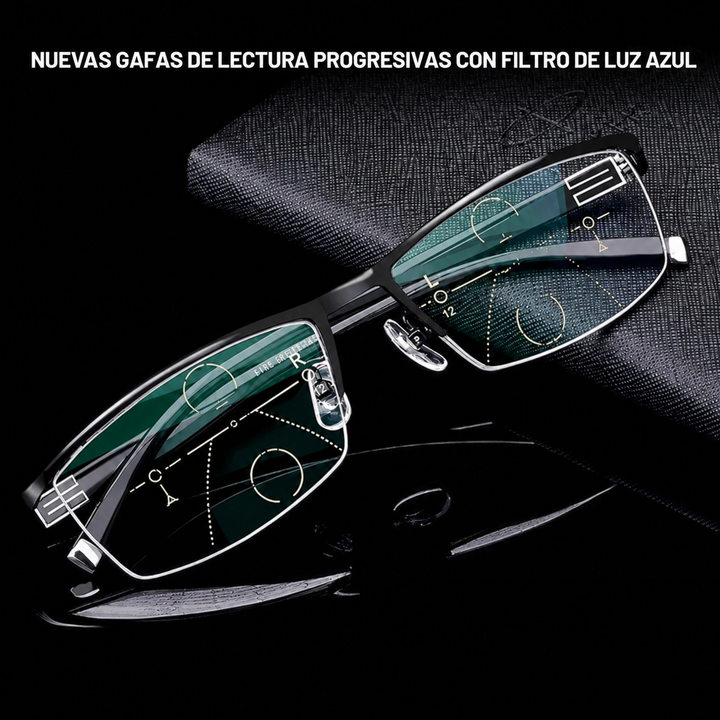 Vista lateral de gafas multifocales unisex. Montura ligera, protección antirreflejo, UV y luz azul.