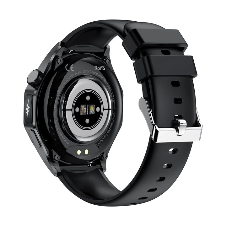 Smartwatch elegante en muñeca, con funciones de salud avanzadas: detector de caídas y monitor cardíaco.