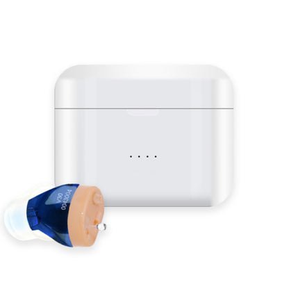 Par de audífonos digitales invisibles, recargables para mejorar la audición en ancianos.