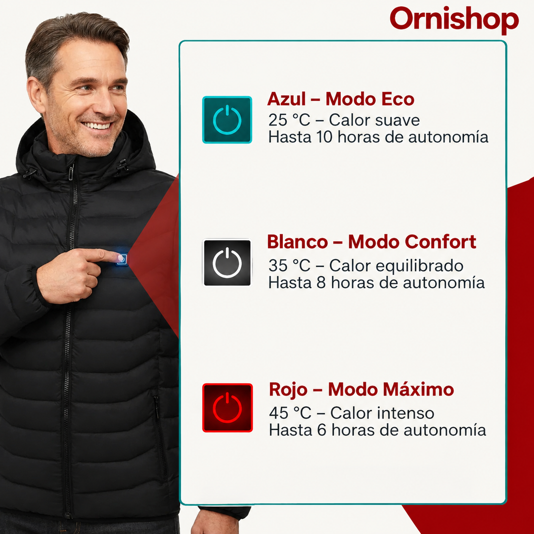 Ropa térmica de invierno para hombre, chaqueta calefactable que asegura protección y calor ajustable en exteriores.