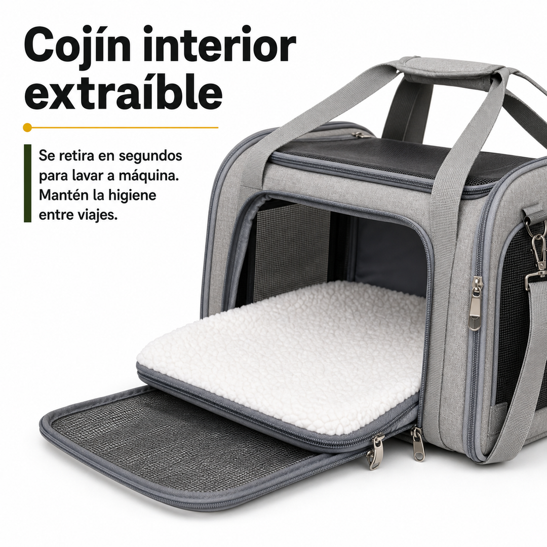 Transportín homologado para aerolíneas, 45x28x28 cm. Lleva a tu perro o gato en cabina con seguridad y estilo.