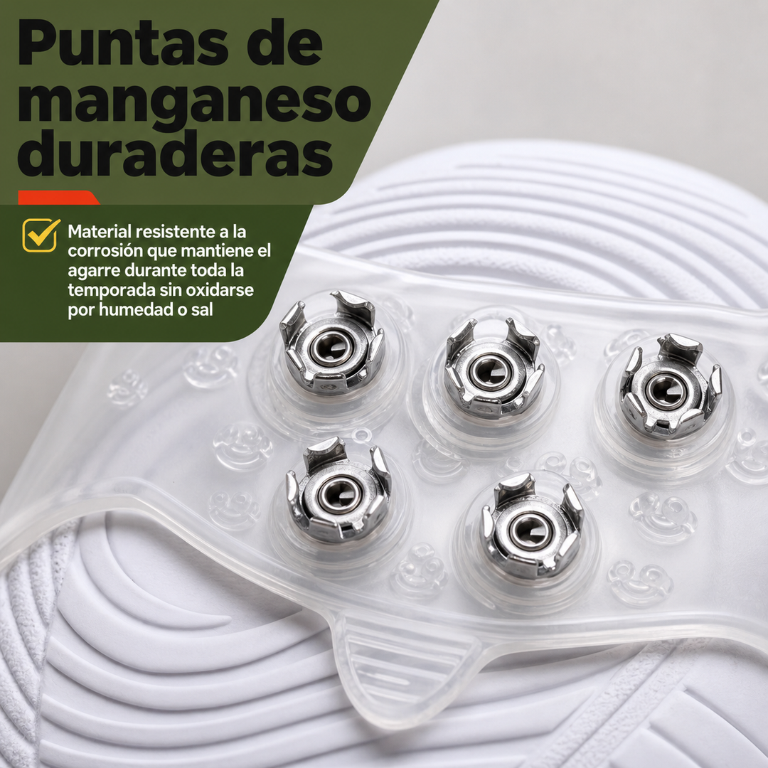 Crampones de tracción para calzado de invierno. Mejoran la adherencia y previenen caídas en hielo y nieve.