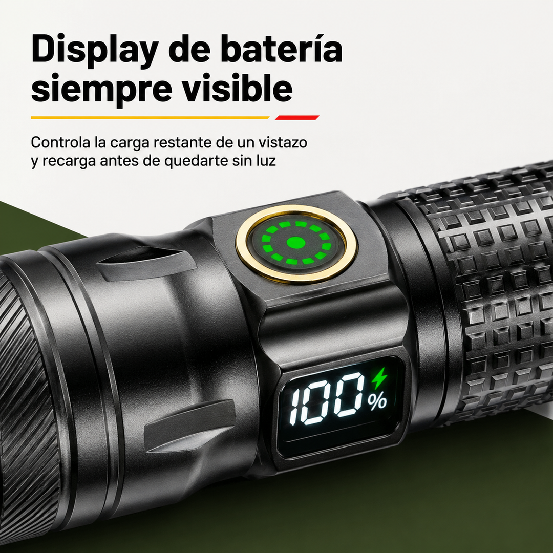 Linterna LED recargable de aluminio con zoom, display y batería de larga duración para aventuras al aire libre.