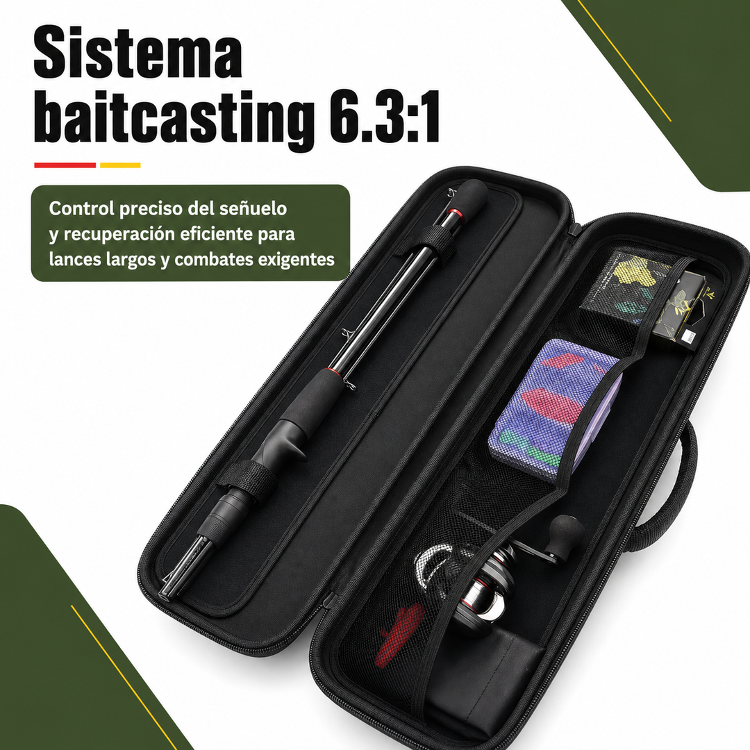 Set de pesca para adultos con caña telescópica y carrete baitcasting. Versátil para diferentes tipos de pesca.