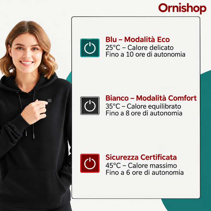 Joven mujer usando sudadera calefactable en casa, sintiendo el confort instantáneo y abrigo ideal para el frío.