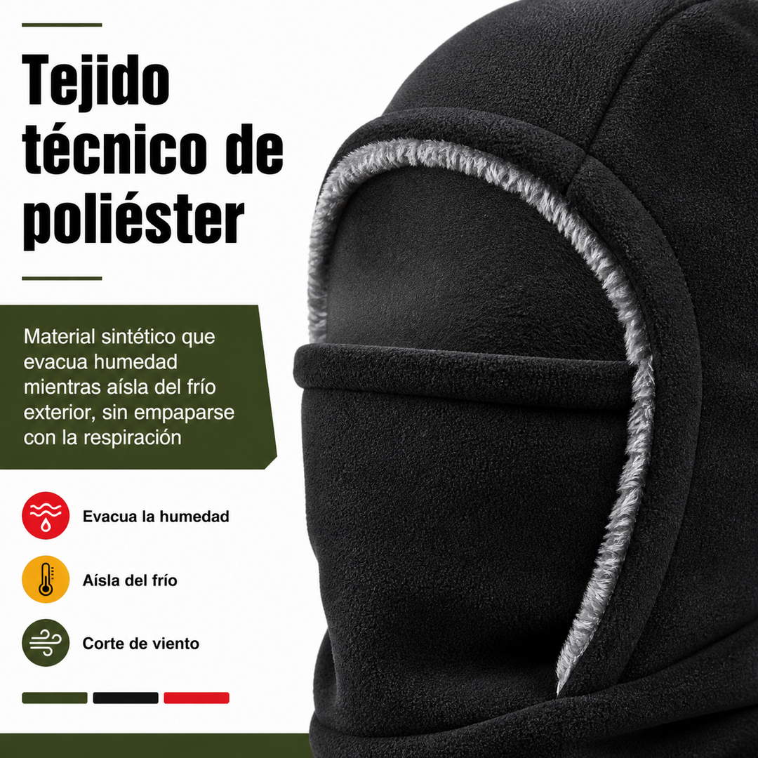 Persona usando pasamontañas unisex en invierno, apto para senderismo, esquí y ciclismo. Protección térmica.